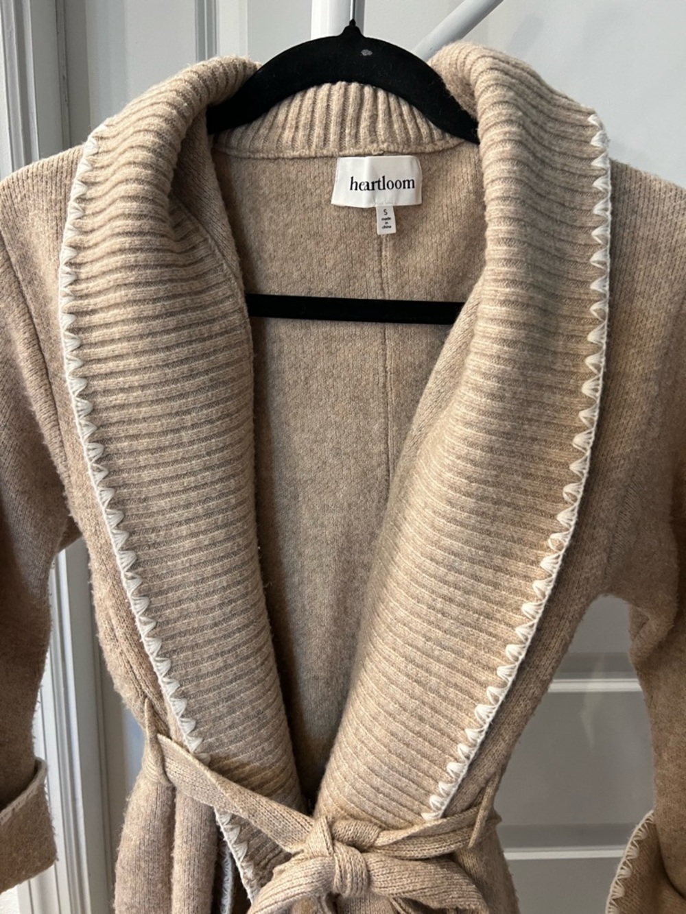 Heirloom Long Wrap Cardigan Sweater Small Beige Belted Cozy Knit Duster - Picture 4 of 7